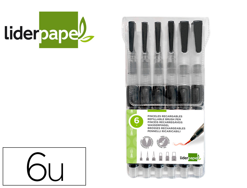LIDERPAPEL - PINCELES RECARGABLES PARA PRODUCTOS ACUARELABLES SET DE 6 UNIDADESGROSOR PUNTAS SURTIDAS (Ref.PI17)