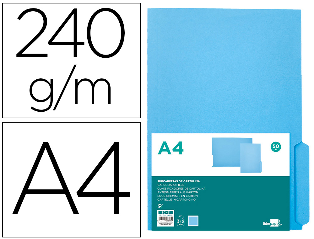 LIDERPAPEL - SUBCARPETA CARTULINA DIN A4 PESTAÑA DERECHA 240G/M2 AZUL (Ref.SC43)