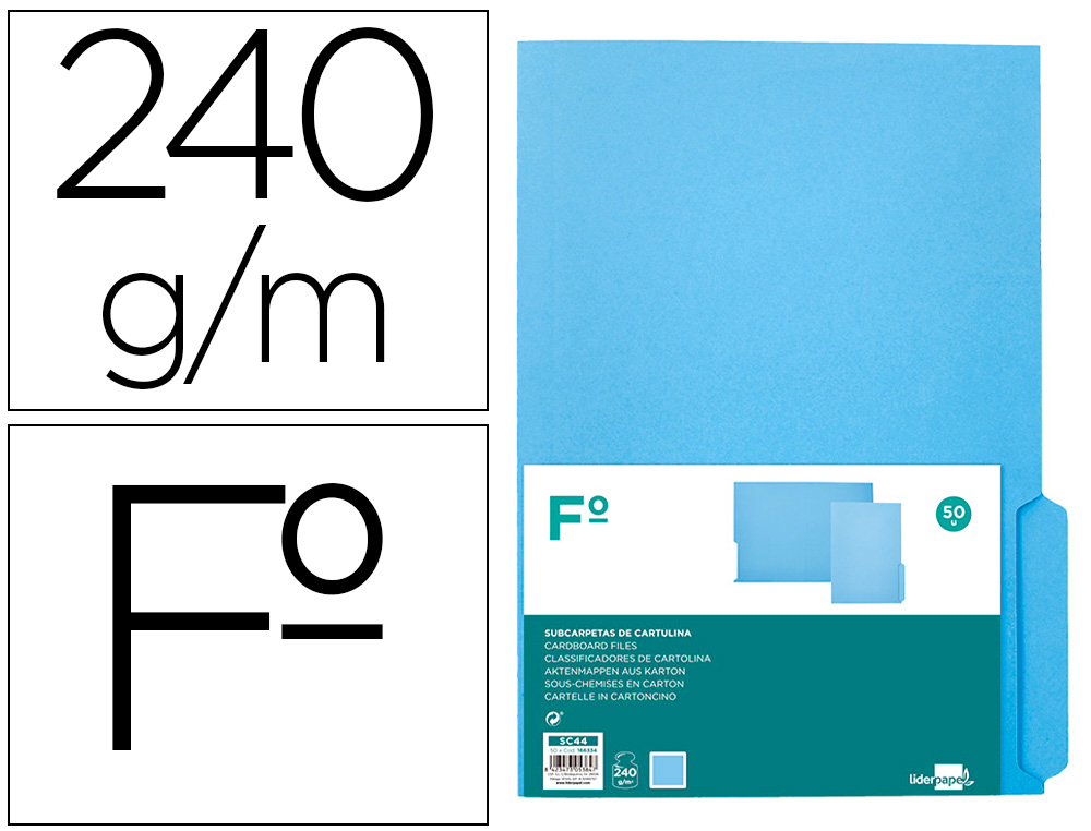 LIDERPAPEL - SUBCARPETA CARTULINA FOLIO PESTAÑA INFERIOR 240G/M2 AZUL (Ref.SC44)