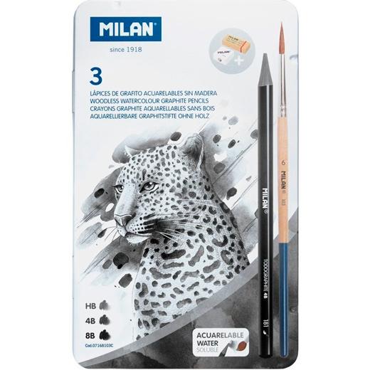 MILAN - LÁPICES GRAFITO ACUARELABLE SIN MADERA 3 (HB/4B/8B) + 1 Sacapuntas/Afilalapices + 1 GOMA + 1 PINCEL EN CAJA METÁLICA (Ref.07168103C)