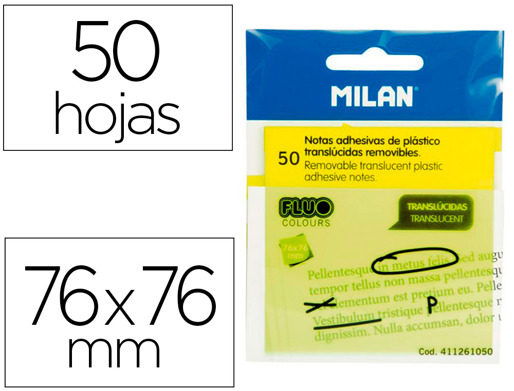 MILAN - NOTAS ADHESIVAS 50 HOJAS 76X76MM TRANSLÚCIDAS AMARILLO FLUORESCENTE (Ref.411261050)