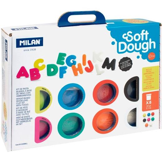 MILAN - PASTA BLANDA SOFT DOUGH MALETÍN 8 BOTES 59GR C/HERRAMIENTAS ABECEDARIO C/SURTIDOS (Ref.913308LL)