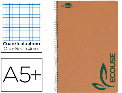 LIDERPAPEL - CUADERNO ESPIRAL CUARTO ECOUSE TAPA CARTULINA KRAFT 80H PAPEL RECICLADO 60 GR CUADRO 4MM (Ref.BB03)