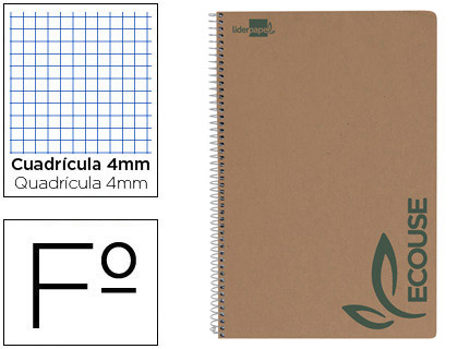 LIDERPAPEL - CUADERNO ESPIRAL FOLIO ECOUSE TAPA CARTULINA KRAFT 80H PAPEL RECICLADO 60 GR CUADRO 4MM CON MARGEN (Ref.BB02)