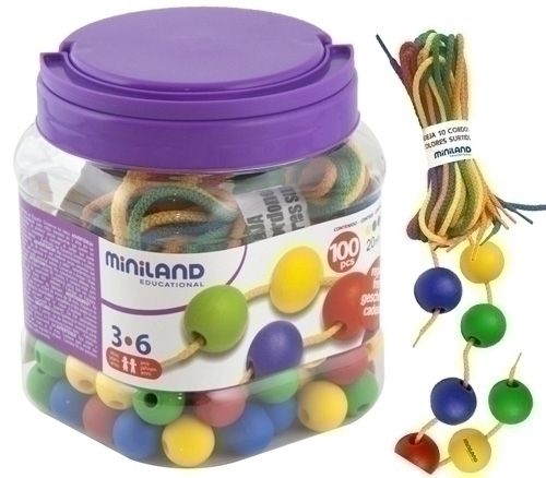MINILAND - BOTE DE 100 BOLAS ENSARTABLES DE 20mm + 10 CORDONES 1m (Ref.31730)