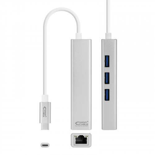 NANOCABLE - Conversor USB-C a Ethernet Gigabit + 3xUSB 3.0, Plata, 15 cm (Ref.10.03.0404)