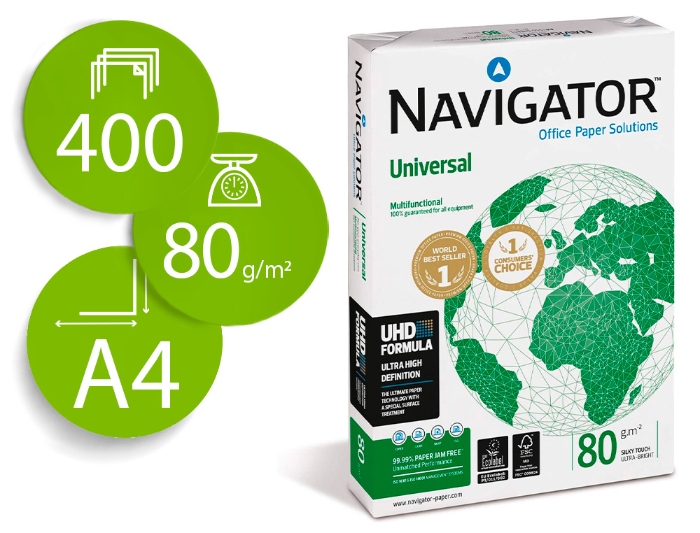 NAVIGATOR - PAPEL FOTOCOPIADORA DIN A4 80 GRAMOS PAQUETE DE 400 HOJAS (Ref.NAV-80-A4-400)
