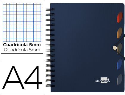 LIDERPAPEL - CUADERNO ESPIRAL A4 MICRO EXECUTIVE TAPA PLASTICO 100H 80 GR CUADRO 5MM 5 SEPARADORES CON GOMILLA AZUL (Ref.BE18)