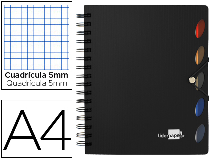 LIDERPAPEL - CUADERNO ESPIRAL A4 MICRO EXECUTIVE TAPA PLASTICO 100H 80 GR CUADRO 5MM 5 SEPARADORES CON GOMILLA NEGRO (Ref.BE20)