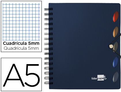 LIDERPAPEL - CUADERNO ESPIRAL A5 MICRO EXECUTIVE TAPA PLASTICO 100H 80 GR CUADRO 5MM 5 SEPARADORES CON GOMILLA AZUL (Ref.BJ34)