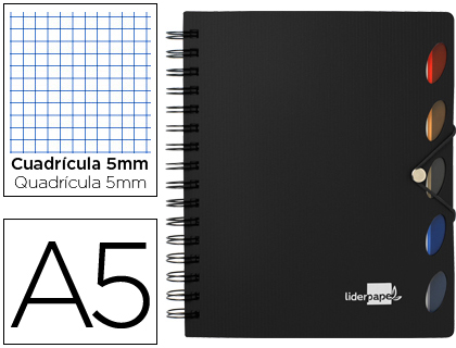 LIDERPAPEL - CUADERNO ESPIRAL A5 MICRO EXECUTIVE TAPA PLASTICO 100H 80 GR CUADRO 5MM 5 SEPARADORES CON GOMILLA NEGRO (Ref.BJ36)