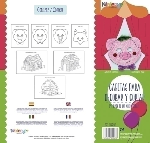NIEFENVER - CARETA CARTULINA 300 gr. para RECORTAR Y DECORAR LOS 3 CERDITOS PACK de 7 (Ref.1400102)