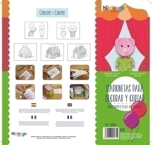 NIEFENVER - MARIONETA DEDO CARTULINA 300 gr. para RECORTAR Y DECORAR LOS 3 CERDITOS PACK de 7 (Ref.1400106)