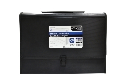 OFFICE BOX - CLASIFICADOR ACORDEON PP 385x290mm 24 DPTOS.MALETIN con ASA LOMO 70mm NEGRO (Ref.42469)