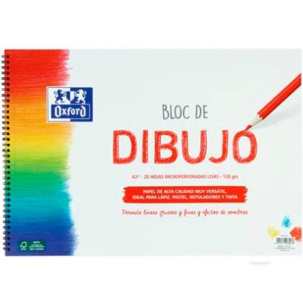 OXFORD - BLOC PARA DIBUJO ESCOLAR T/ BLANDA ESPIRAL 20H 130GR A3+ LISO BLANCO (Ref.400148237)