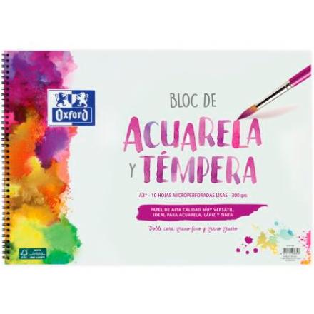 OXFORD - BLOC PARA PINTURA ACUARELA Y TÉMPERA 10H 300GR ESPIRAL A3+ LISO BLANCO (Ref.400148239)