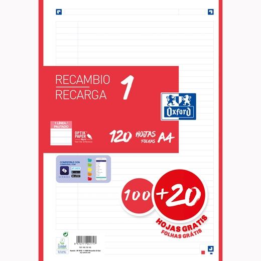 OXFORD - RECAMBIO 100H + 20H GRATIS 4 TALADROS A4 90GR 1 LÍNEA 1 BANDA ROJO (Ref.400158166)