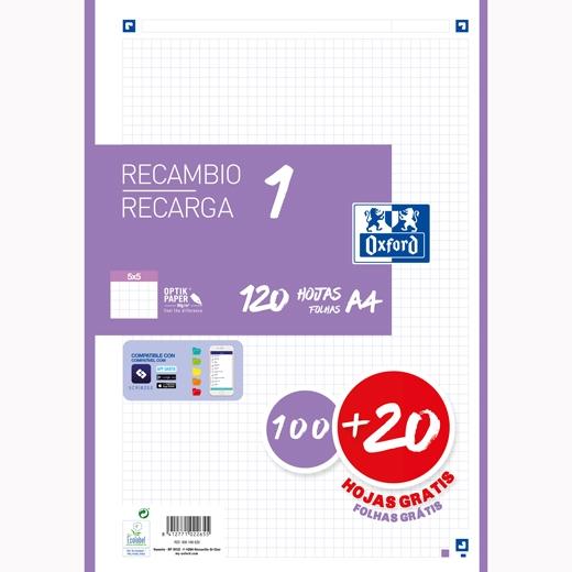 OXFORD - RECAMBIO 100H + 20H GRATIS 4 TALADROS A4 90GR 5X5 1 BANDA LILA (Ref.400158164)