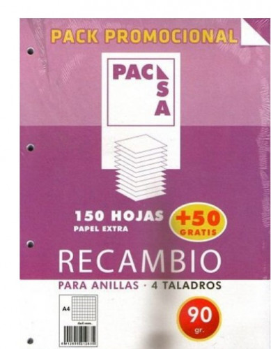 PACSA - PACK RECAMBIO 90 GRS. 4 TALADROS . DIN A4 CUADRICULA 4X4 150 HOJAS + 50 GRATIS (Ref.21283)