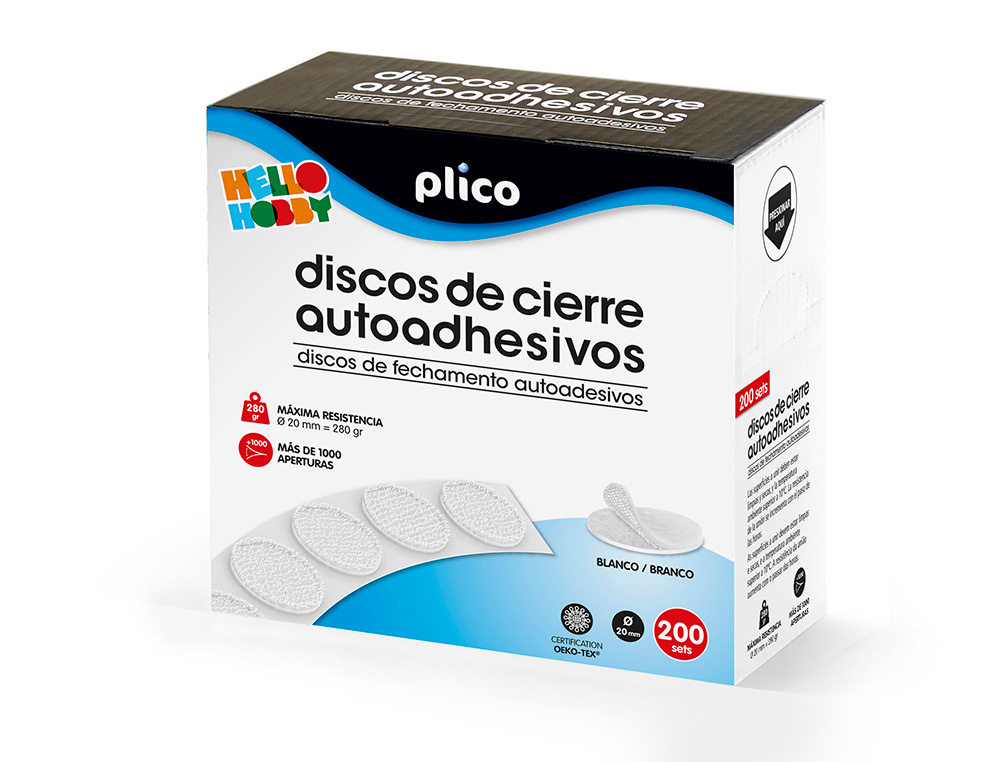 PLICO - DISCO DE CIERRE VELCRO AUTOADHESIVO 20 MM DIAMETRO COLOR BLANCO CAJA DE 200 UNIDADES (Ref.13338)