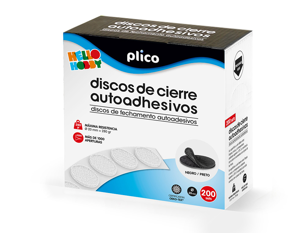PLICO - DISCO DE CIERRE VELCRO AUTOADHESIVO 20 MM DIAMETRO COLOR NEGRO CAJA DE 200 UNIDADES (Ref.13339)
