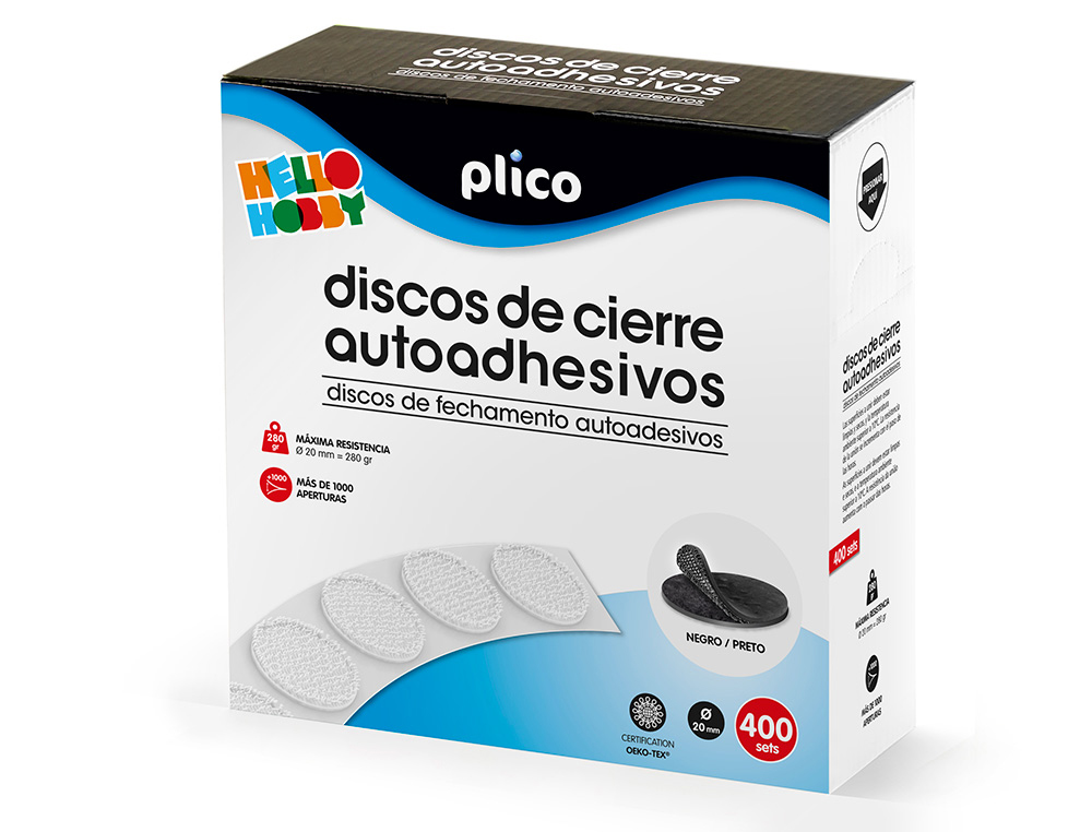PLICO - DISCO DE CIERRE VELCRO AUTOADHESIVO 20 MM DIAMETRO COLOR NEGRO CAJA DE 400 UNIDADES (Ref.13335)