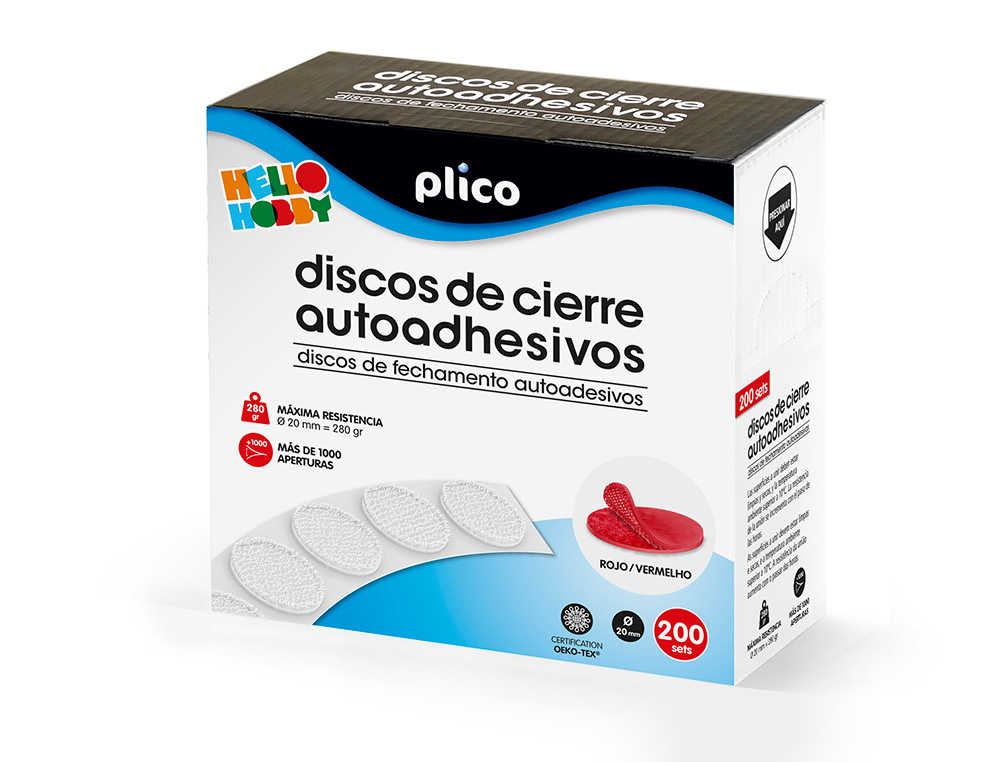 PLICO - DISCO DE CIERRE VELCRO AUTOADHESIVO 20 MM DIAMETRO COLOR ROJO CAJA DE 200 UNIDADES (Ref.13340)