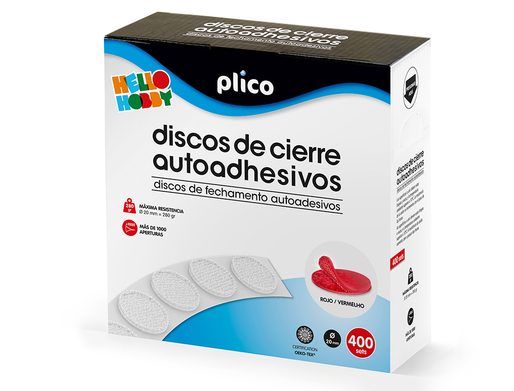 PLICO - DISCO DE CIERRE VELCRO AUTOADHESIVO 20 MM DIAMETRO COLOR ROJO CAJA DE 400 UNIDADES (Ref.13336)