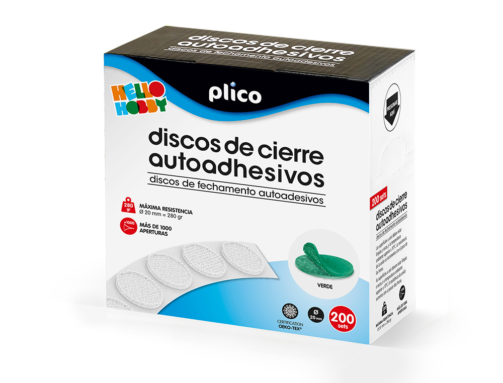 PLICO - DISCO DE CIERRE VELCRO AUTOADHESIVO 20 MM DIAMETRO COLOR VERDE CAJA DE 200 UNIDADES (Ref.13341)