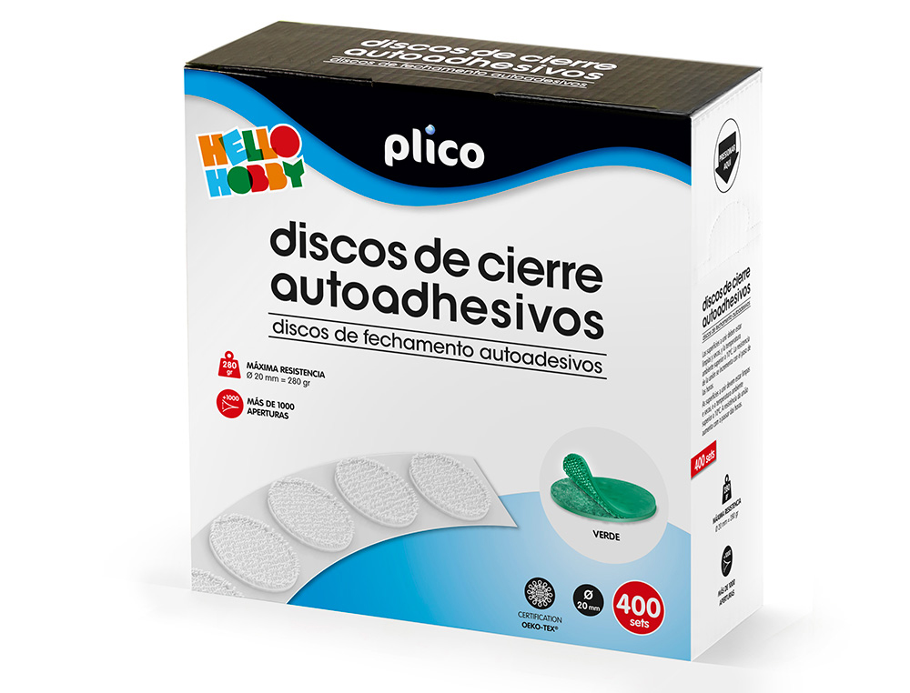 PLICO - DISCO DE CIERRE VELCRO AUTOADHESIVO 20 MM DIAMETRO COLOR VERDE CAJA DE 400 UNIDADES (Ref.13337)