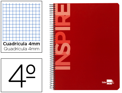 LIDERPAPEL - CUADERNO ESPIRAL CUARTO INSPIRE TAPA DURA 80H 60 GR CUADRO 4MM CONMARGEN ROJO (Ref.BC24)