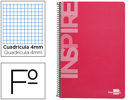 LIDERPAPEL - CUADERNO ESPIRAL FOLIO INSPIRE TAPA DURA 80H 60 GR CUADRO 4MM CON MARGEN COLOR ROSA (Ref.BF73)