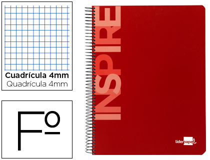 LIDERPAPEL - CUADERNO ESPIRAL FOLIO INSPIRE TAPA DURA 80H 60 GR CUADRO 4MM CON MARGEN ROJO (Ref.BF34)