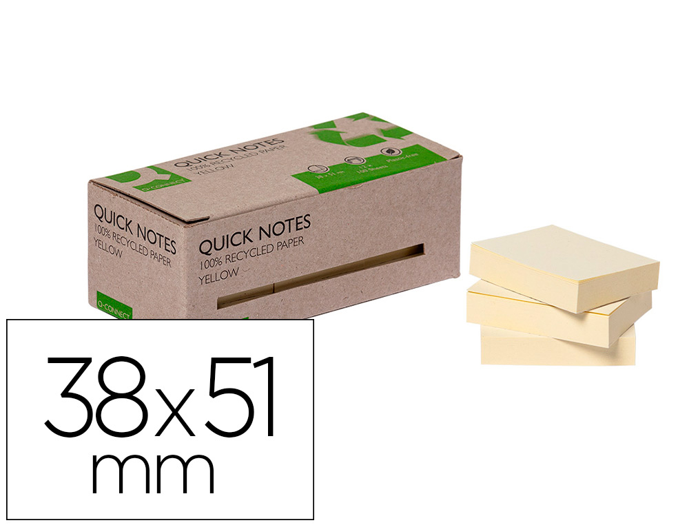 Q-CONNECT - BLOC DE NOTAS ADHESIVAS QUITA Y PON 38X51 MM 100% PAPEL RECICLADO AMARILLO EN CAJA DE CARTON (Ref.KF17323)