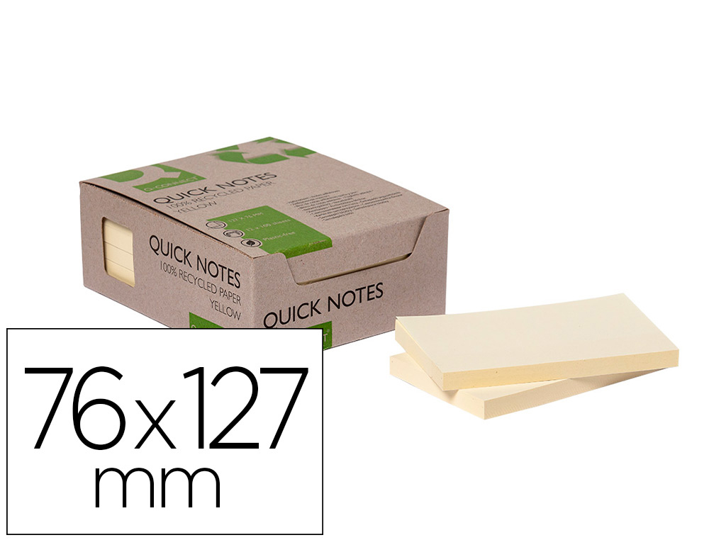 Q-CONNECT - BLOC DE NOTAS ADHESIVAS QUITA Y PON 76X127 MM 100% PAPEL RECICLADO AMARILLO EN CAJA DE CARTON (Ref.KF17322)