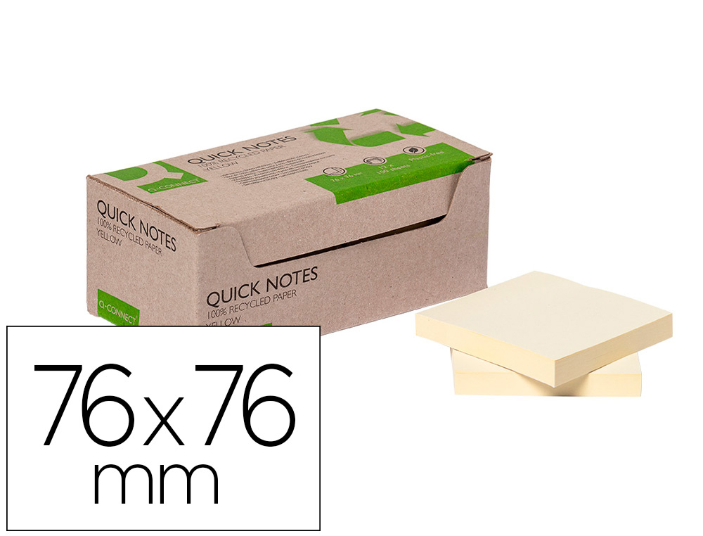 Q-CONNECT - BLOC DE NOTAS ADHESIVAS QUITA Y PON 76X76 MM 100% PAPEL RECICLADO AMARILLO EN CAJA DE CARTON (Ref.KF17321)