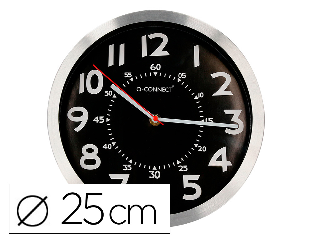 Q-CONNECT - RELOJ DE PARED METALICO REDONDO 25 CM MOVIMIENTO SILENCIOSO COLOR CROMADO CON ESFERA NEGRA (Ref.KF16948)