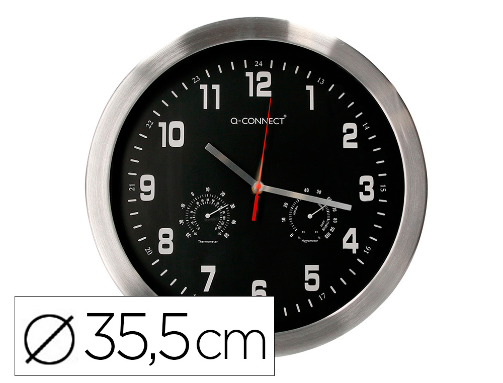 Q-CONNECT - RELOJ DE PARED METALICO REDONDO 35,5 CM MOVIMIENTO SILENCIOSO COLOR CROMADO CON ESFERA NEGRA (Ref.KF16953)