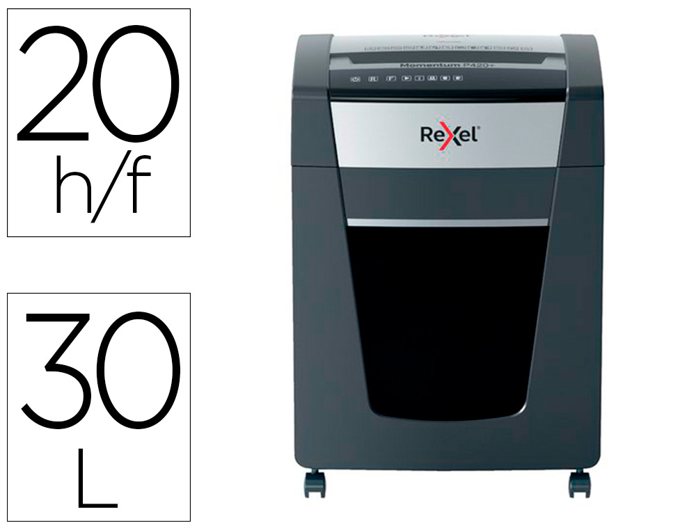 REXEL - DESTRUCTORA DE DOCUMENTOS MOMENTUM EXTRA P420+ CAPACIDAD CORTE 20 H P4 DESTRUYE GRAPAS CLIPS CD Y (Ref.2021420XEU)
