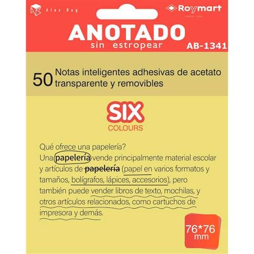 ROYMART - BLOC NOTAS ADHESIVAS INTELIGENTES REMOVIBLES TRANSPARENTES 50H 76X76MM ACETATO AMARILLO FLÚOR (Ref.AB-1341)