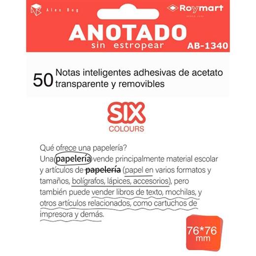 ROYMART - BLOC NOTAS ADHESIVAS INTELIGENTES REMOVIBLES TRANSPARENTES 50H 76X76MM ACETATO BLANCO (Ref.AB-1340)