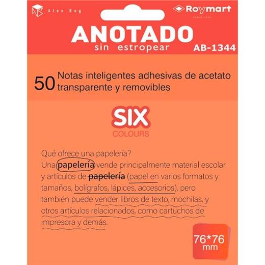 ROYMART - BLOC NOTAS ADHESIVAS INTELIGENTES REMOVIBLES TRANSPARENTES 50H 76X76MM ACETATO NARANJA FLÚOR (Ref.AB-1344)