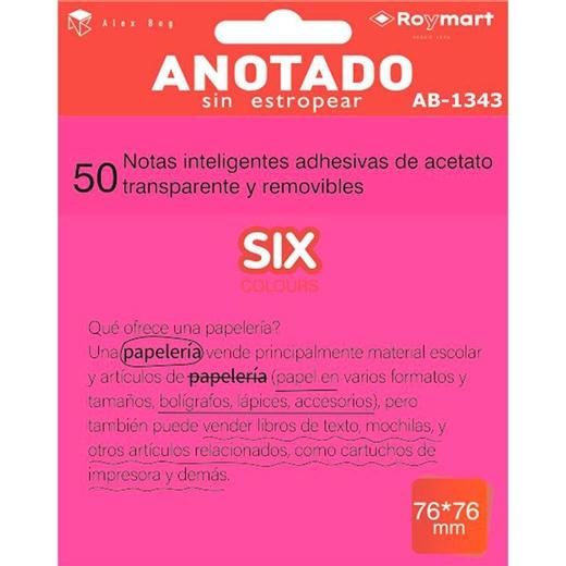 ROYMART - BLOC NOTAS ADHESIVAS INTELIGENTES REMOVIBLES TRANSPARENTES 50H 76X76MM ACETATO ROSA FLÚOR (Ref.AB-1343)
