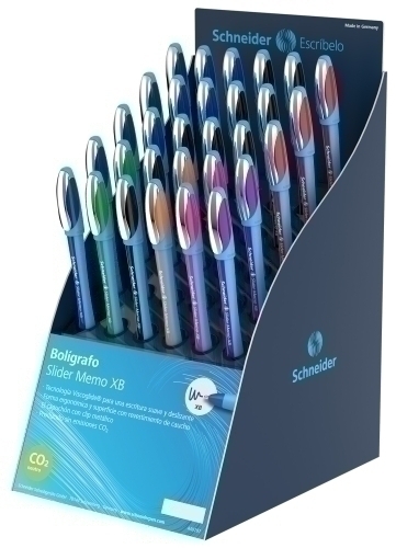 SCHNEIDER - BOLIGRAFO SLIDER MEMO XB EXPOSITOR de 30
10x 150203 AZUL
 9x 150201 NEGRO
 3x 150202 ROJO
 2x 150204 VERDE
 2x 150206 NARANJA
 2x 150208 VIOLETA
 2x 150209 ROSA (Ref.304044)