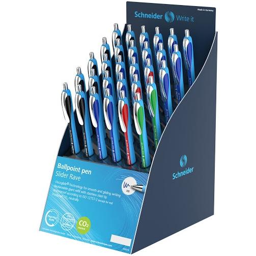 SCHNEIDER - BOLIGRAFO SLIDER RAVE XB EXPOSITOR DE 30
(15x azul, 10x negro, 3x rojo, 2x verde) (Ref.304022/301732)