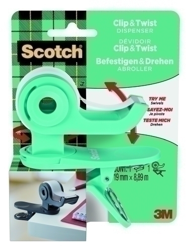 SCOTCH - PORTARROLLOS CLIP&amp;TWIST C19 VERDE AGUA + CINTA MAGIC (Ref.C19-CLIP-TL-EMEA)