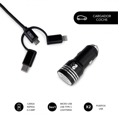 SUBBLIM - Cargador Coche 2xUSB Dual Car Charger Alum 2.4A + Cable 3 in 1 Black (Ref.SUB-CHG-4CC002)