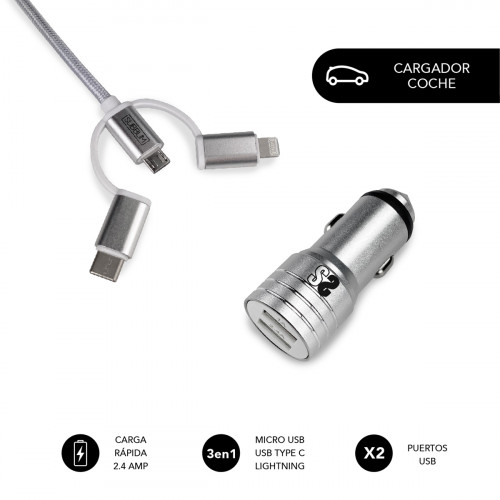 SUBBLIM - Cargador Coche 2xUSB Dual Car Charger Alum 2.4A + Cable 3 in 1 Silver (Ref.SUB-CHG-4CC001)
