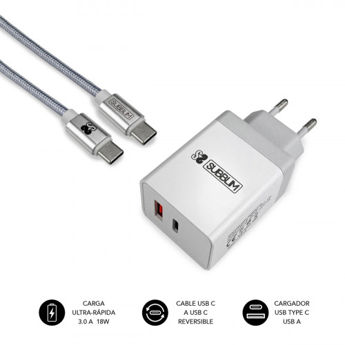 SUBBLIM - CARGADOR ULTRA RAPIDO 2xUSB DE PARED PD18W+2.4A + Cable C to C Blanco (Ref.SUB-CHG-3WPD01)
