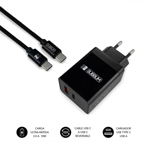 SUBBLIM - CARGADOR ULTRA RAPIDO 2xUSB DE PARED PD18W+2.4A + Cable C to C Negro (Ref.SUB-CHG-3WPD02)